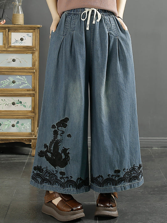 Phoenix Embroidery Wide-leg Denim Pants Kl1009