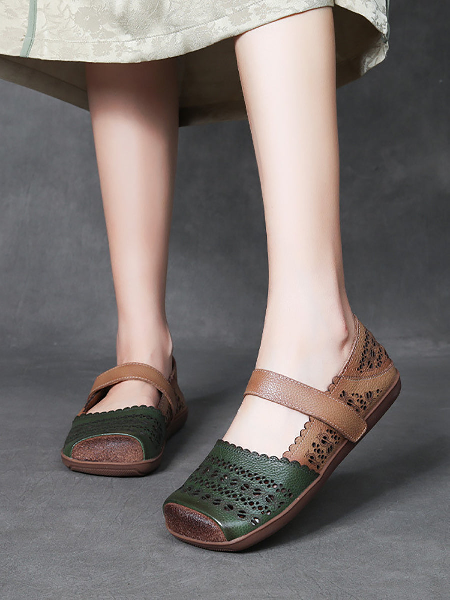 Leather Colorblock Cutout Flat Shoes Ty1028