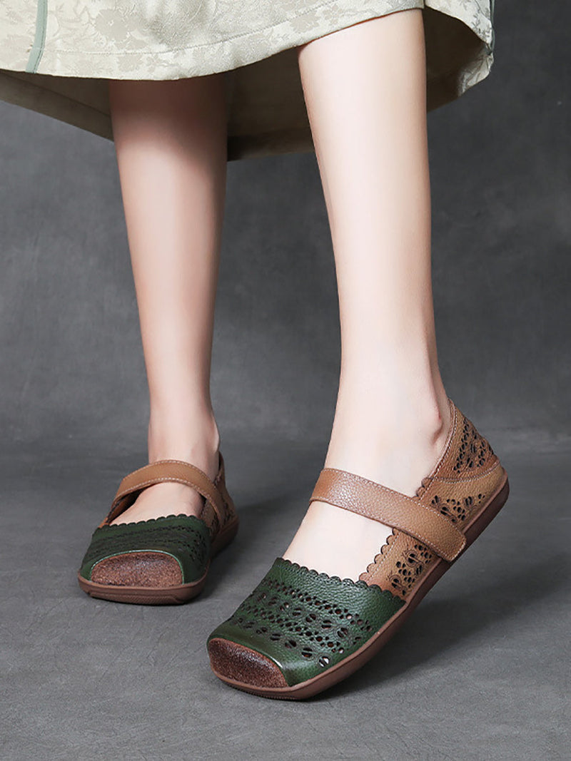 Leather Colorblock Cutout Flat Shoes Ty1028