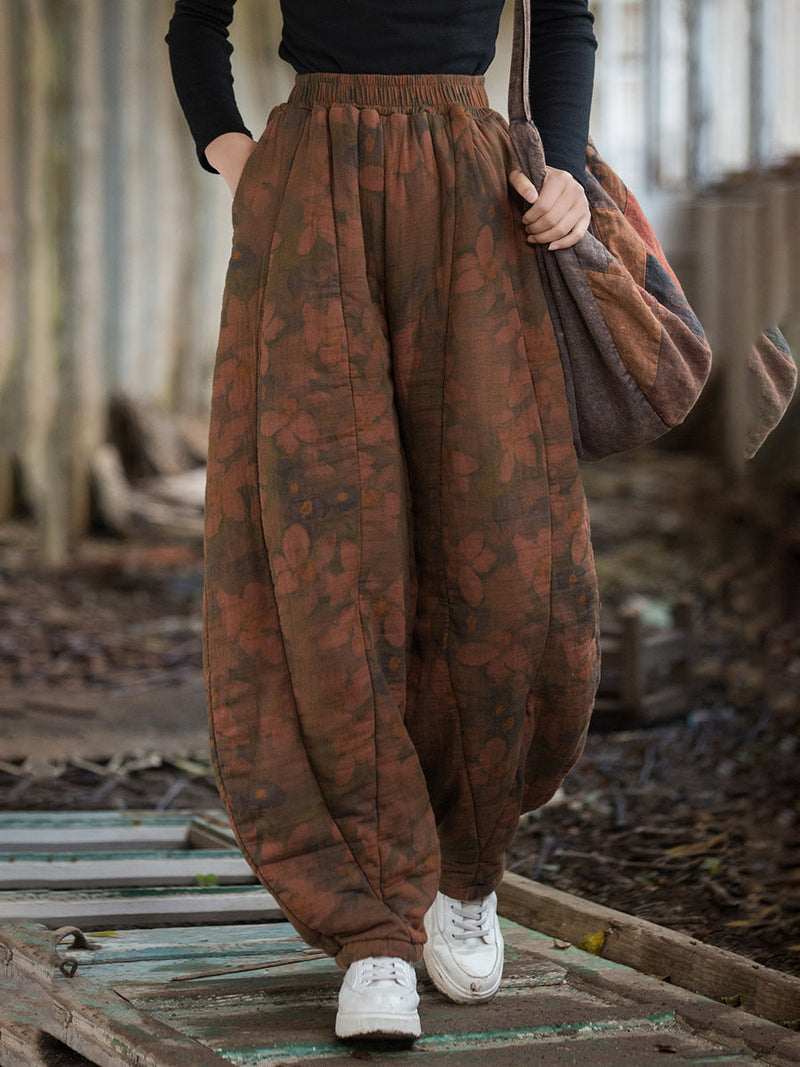 Winter Retro Flower Cotton Paaded Harem Pants Wu003