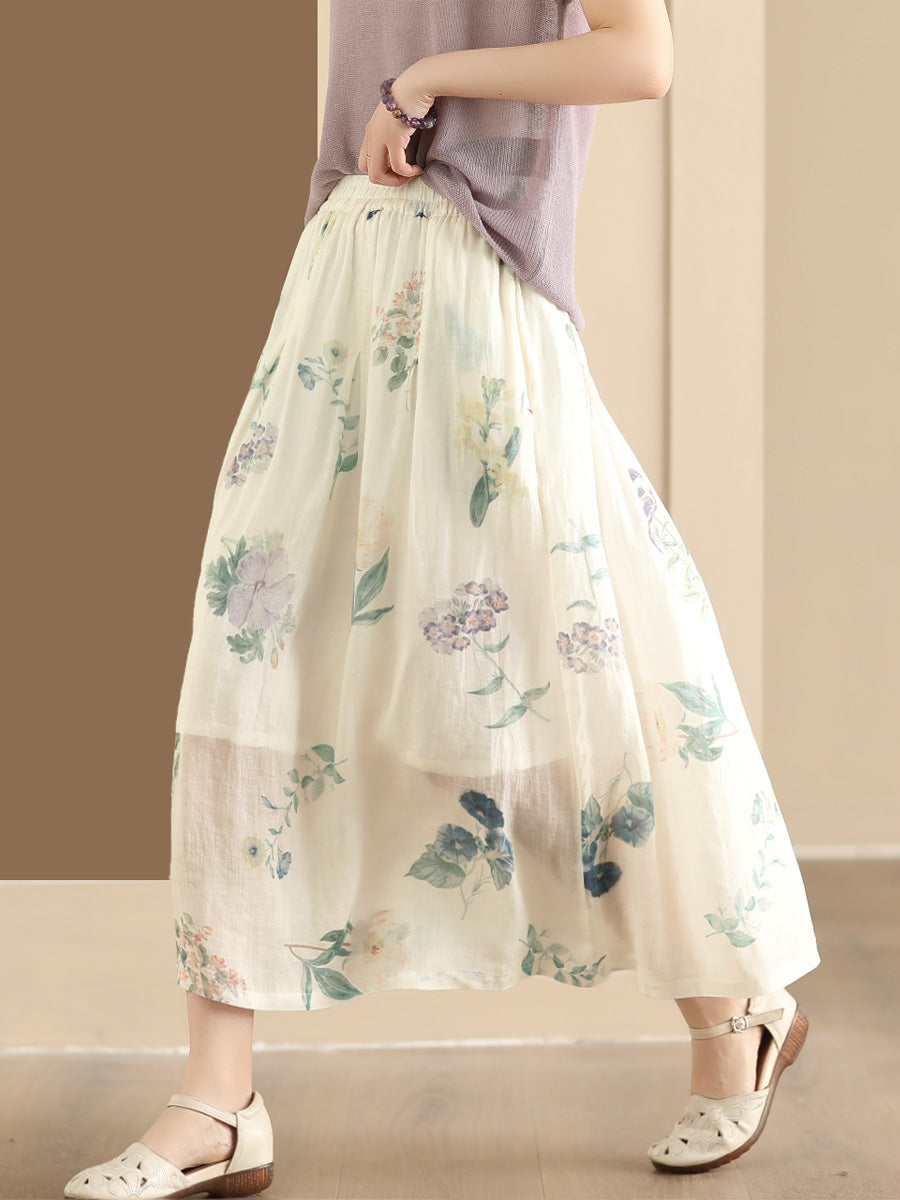 Artsy Summer Flower Ramie A-shape Skirt Co1025