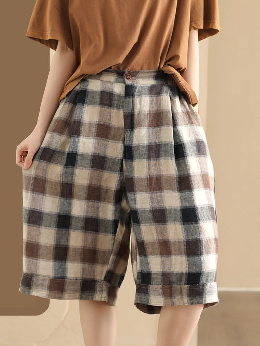 Summer Plaid Linen Wide-leg Pants Pp1028