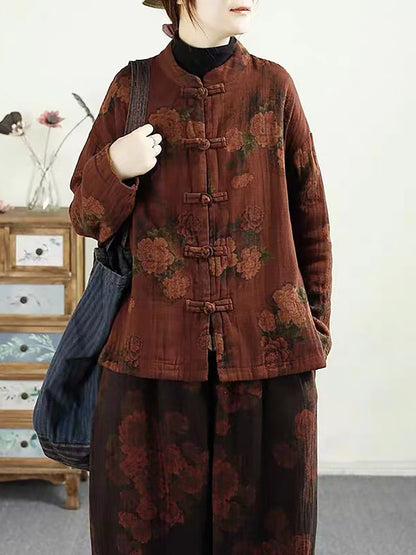 Autumn Flower Buckle Cotton Stand Collar Coat Ba1046