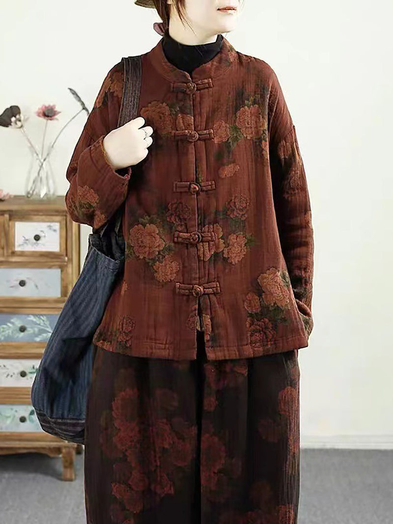 Autumn Flower Buckle Cotton Stand Collar Coat Ba1046