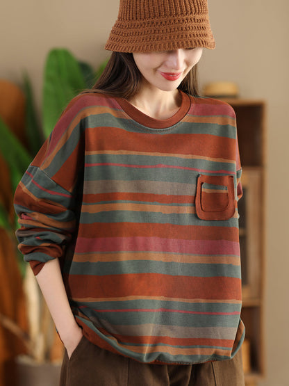 Autumn Colorblock Stripe O-neck Cotton Sweatshirt Ai1027
