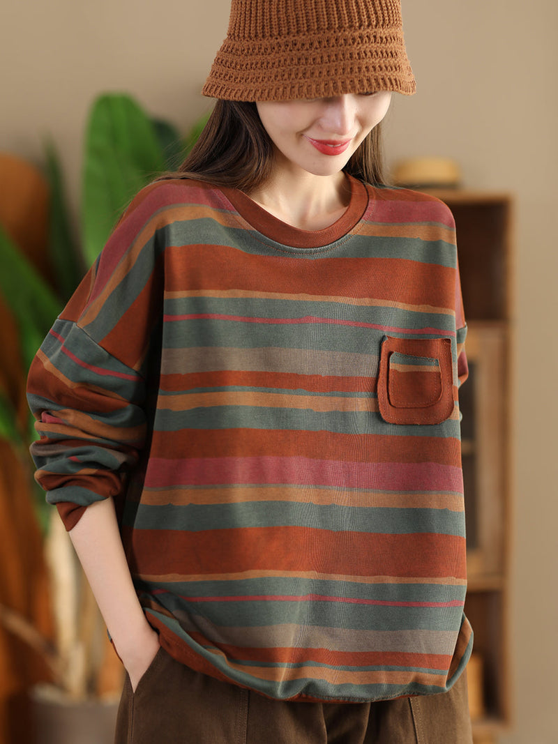 Autumn Colorblock Stripe O-neck Cotton Sweatshirt Ai1027
