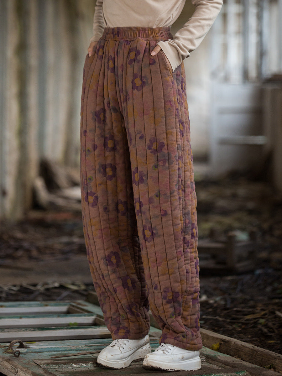 Winter Retro Flower Spliced Padded Cotton Harem Pants Wu014