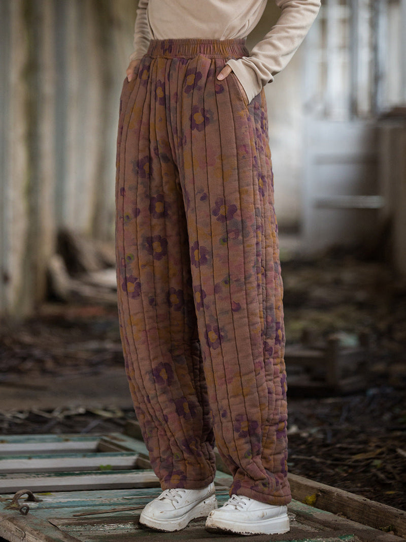 Winter Retro Flower Spliced Padded Cotton Harem Pants Wu014