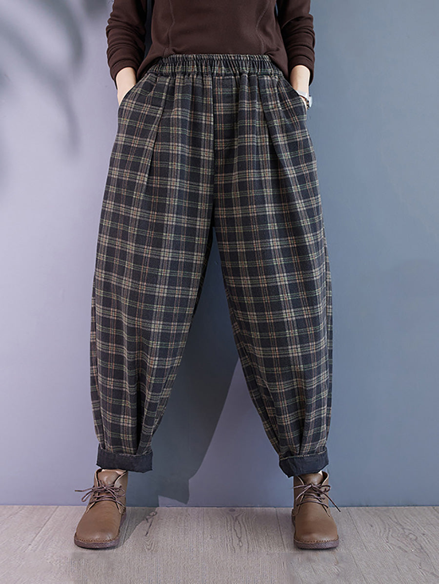 Autumn Retro Plaid Thick Cotton Harem Pants Ba1036