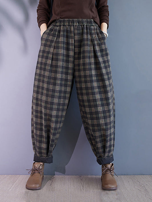 Autumn Retro Plaid Thick Cotton Harem Pants Ba1036