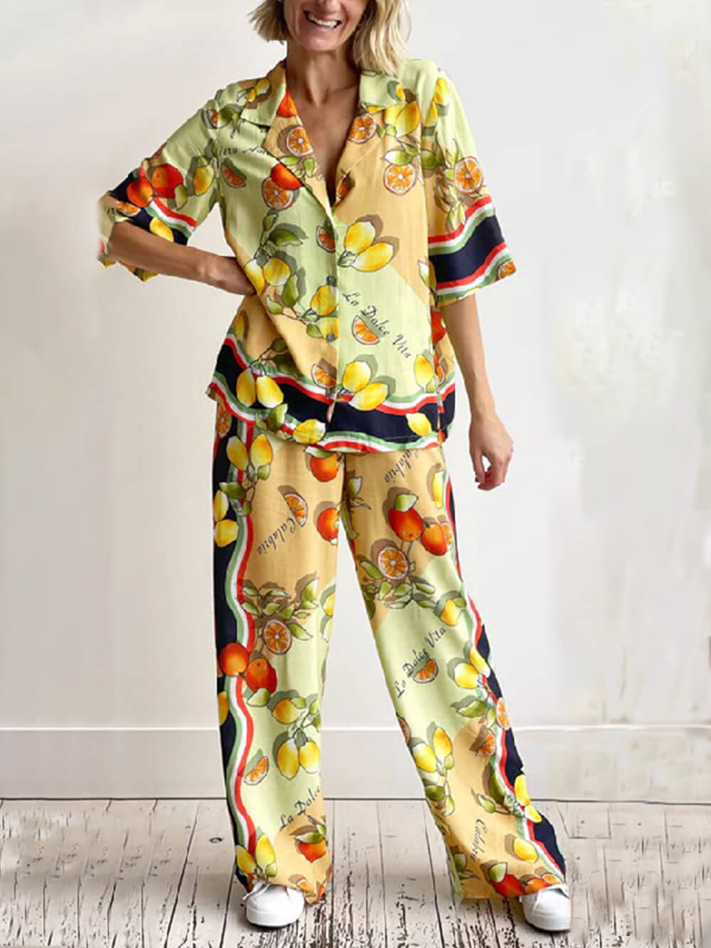 Modern Lemon Print Cardigan Single Breasted Lapel Pant Set