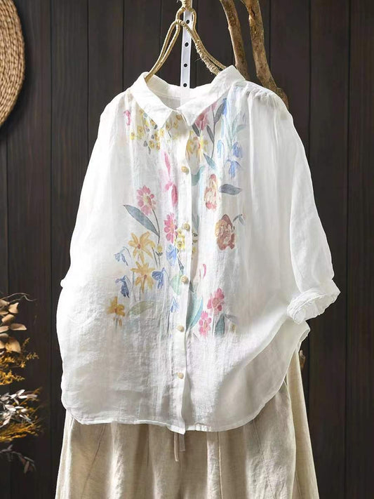 Artsy Summer Flower Print Ramie Blouse Kl1041