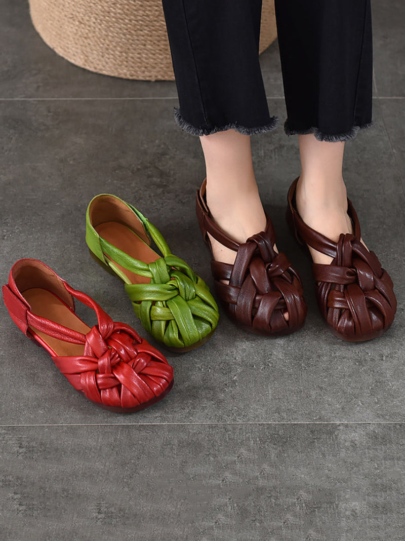 Summer Leather Flat Retro Weave Genuine Shoes