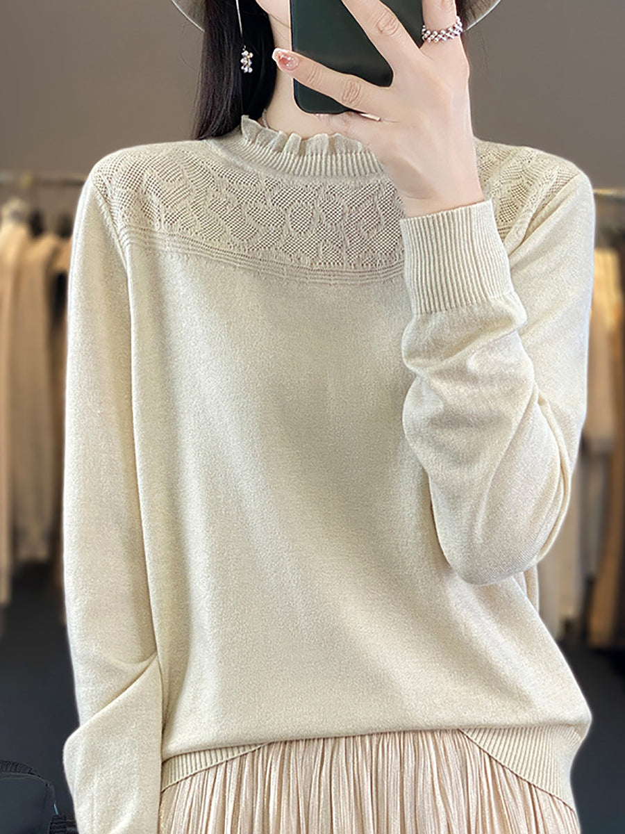 Autumn Lacework Neck 100%wool Loose Sweater Qm020