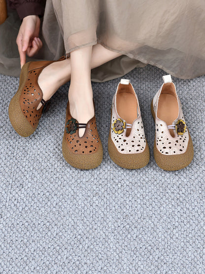 Summer Leather Cutout Flower Flat Shoes Sc1060