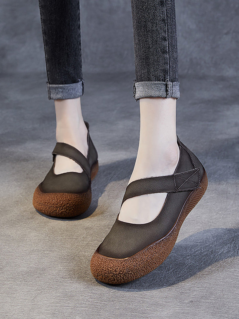 Summer Retro Leather Flat Shoes Qw1019