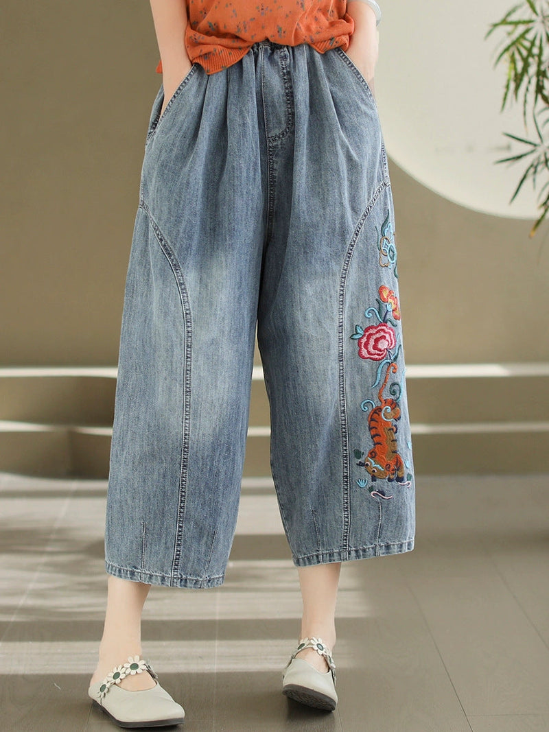 Artsy Flower Embroidery Denim Harem Pants As1006