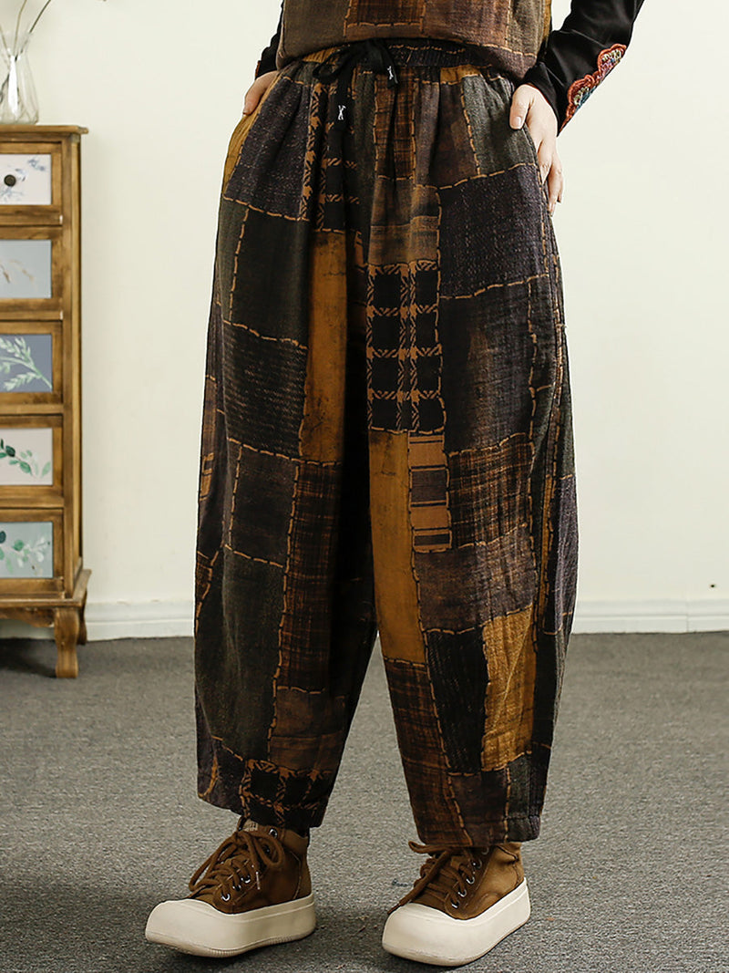 Autumn Plaid Spliced Cotton Harem Pants Ai1051