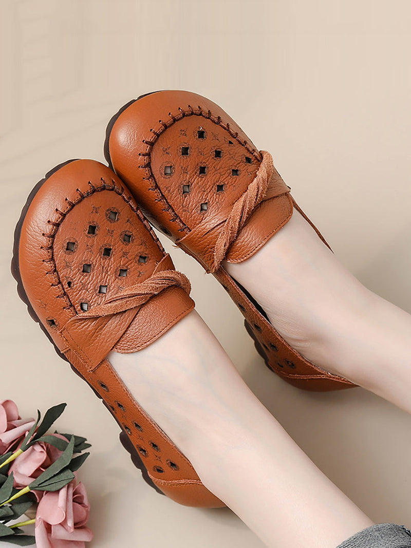 Leather Cutout Spliced Low Heel Shoes Rr1047