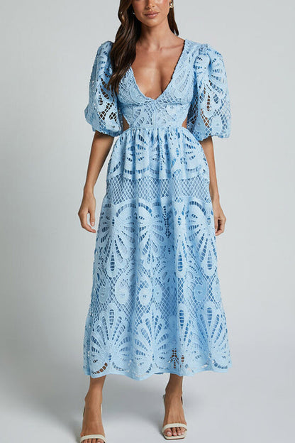 Color V Neck Hollow Lace Waistless Maxi Dress