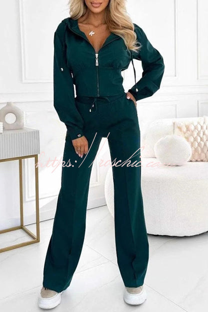 Color Hooded Zip-up Jacket and Elastic Waist Pocket Wide-leg Pants Set