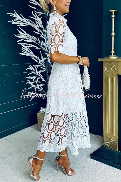 Crocheted Cutout Lace Short-sleeved Stand-collar Midi Dress