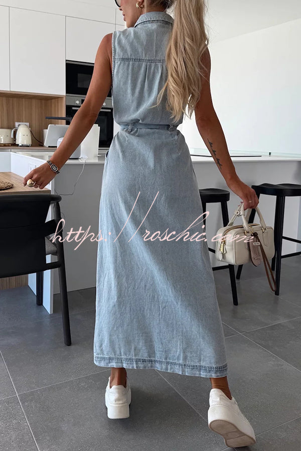 Color Sleeveless Single Breasted Waist Tie Pocket Denim Midi Dress