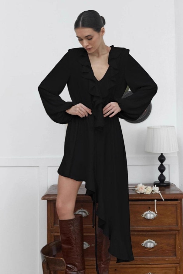 Chiffon Ruffled V-neck Midi Dress