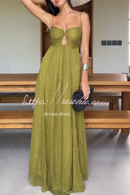 Soft and Metal Hollow Design Back Smocked A-line Slip Maxi Dress