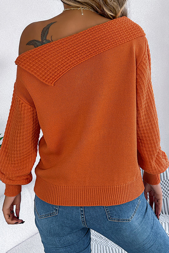 Color One Shoulder Long Sleeve Knitted Sweater