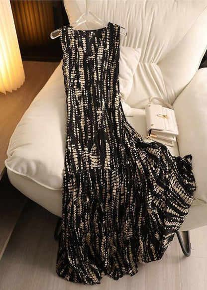 Black V Neck Wrinkled Cotton Long Dress Sleeveless Qp058