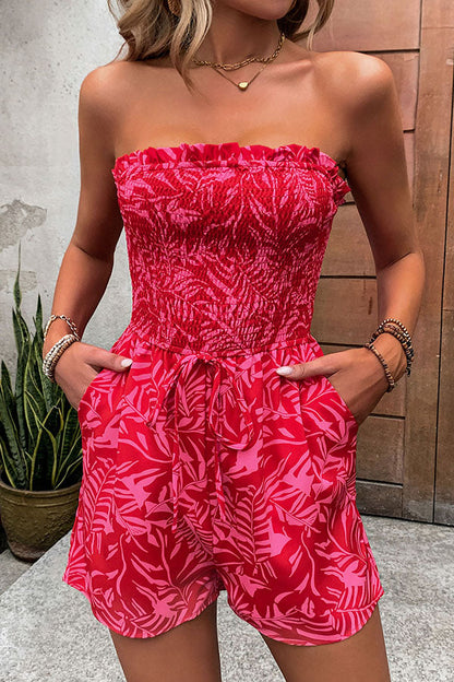 Plant Print Tube Top Lace-up Pleated Rompers