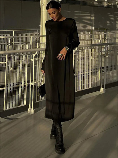 Backless Lace-up Slim Maxi Dress Female Black Autumn Bandage Long Sleeve Patchwork Long Dress