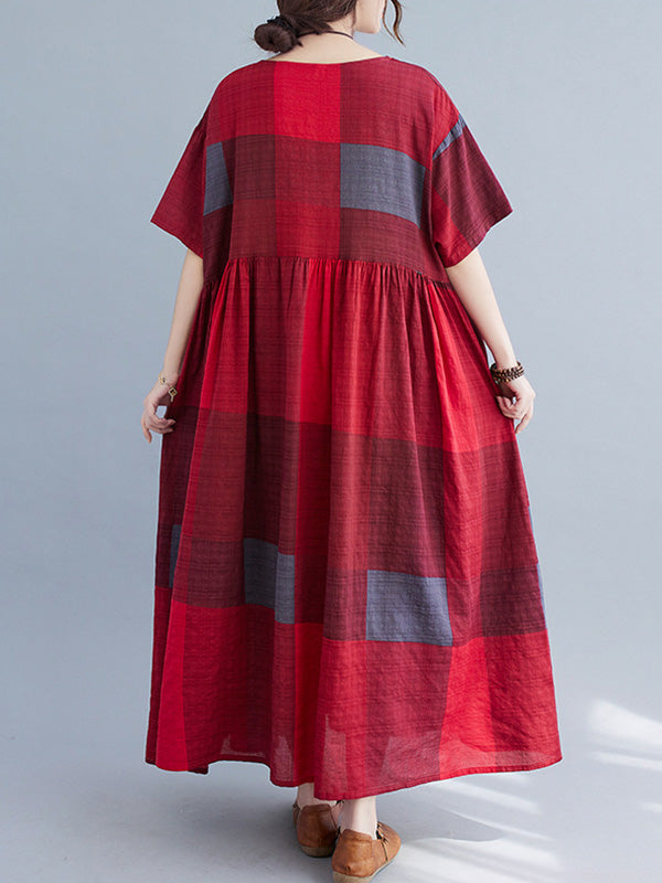 Artistic Retro Loose Color-block Pleated Round-neck Half Sleeves Midi Dress