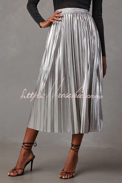 Yuletide Glow Metallic Fabric Pleated Elastic Waist Midi Skirt