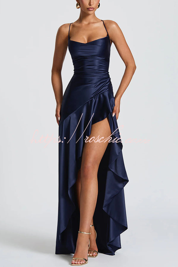Color Backless Lace-up Irregular Ruffled Maxi Dress