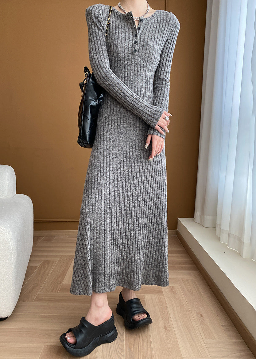 New Grey V Neck Button Cotton Knit Sweater Dress Long Sleeve Af1056