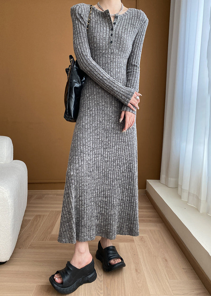 New Grey V Neck Button Cotton Knit Sweater Dress Long Sleeve Af1056