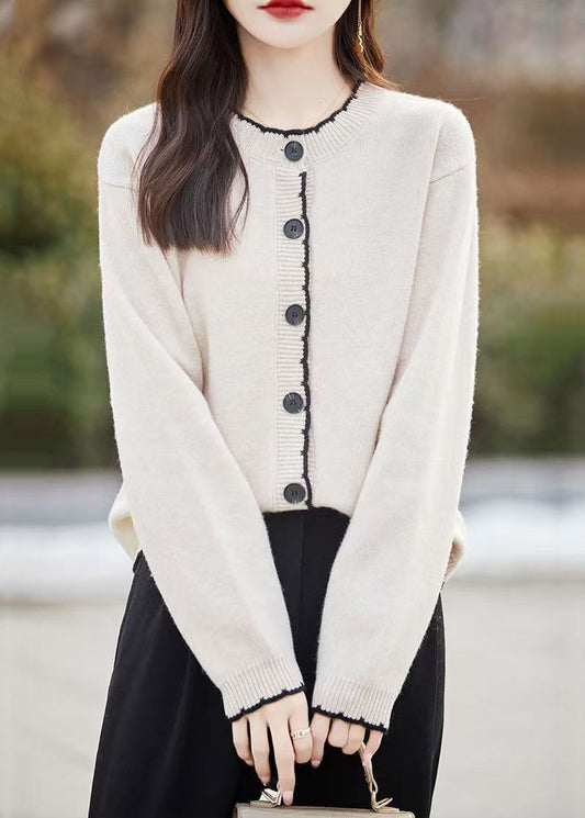 Classy Beige O Neck Button Wool Knit Cardigans Fall Qx025