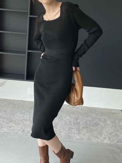 Simple Skinny Long Sleeves Color Square-neck Sweater Dresses