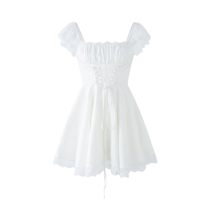 Lace Cap Sleeves Empire Waist Mini Dress