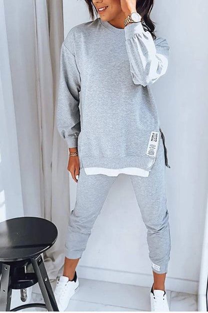 Color Round Neck Long-sleeved Sweatshirt and Elastic Waist Pants Set