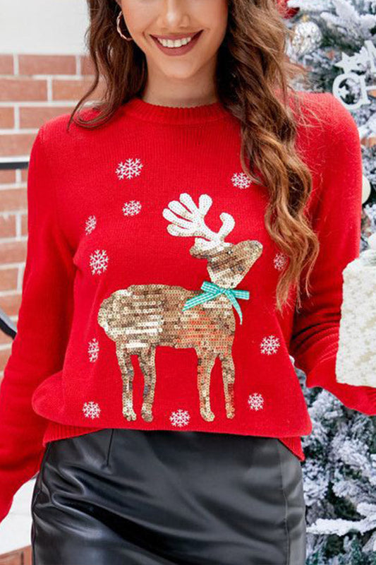 Christmas Knitted Sweater With Deer Embroidery