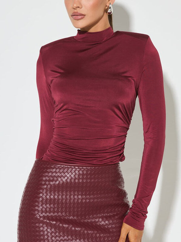 High Neck Pleated Long Sleeve T-shirt