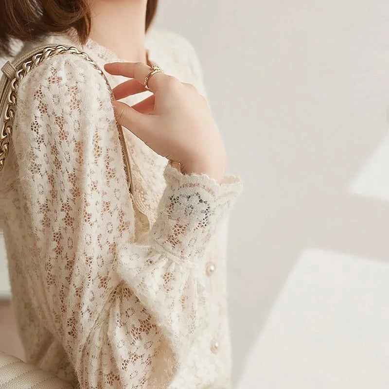 Woman Spring Autumn Style Lace Blouses Tops Lady Long Lantern Sleeve Stand Collar Blusas Tops Sp1529