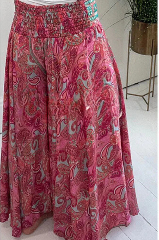 Paisley Print Elastic Patchwork Waist Pocketed Lightweight Pants