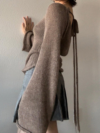 Brown Round-neck Back Cross Hollow Lace-up Long Bell Sleeve Sweater An1039