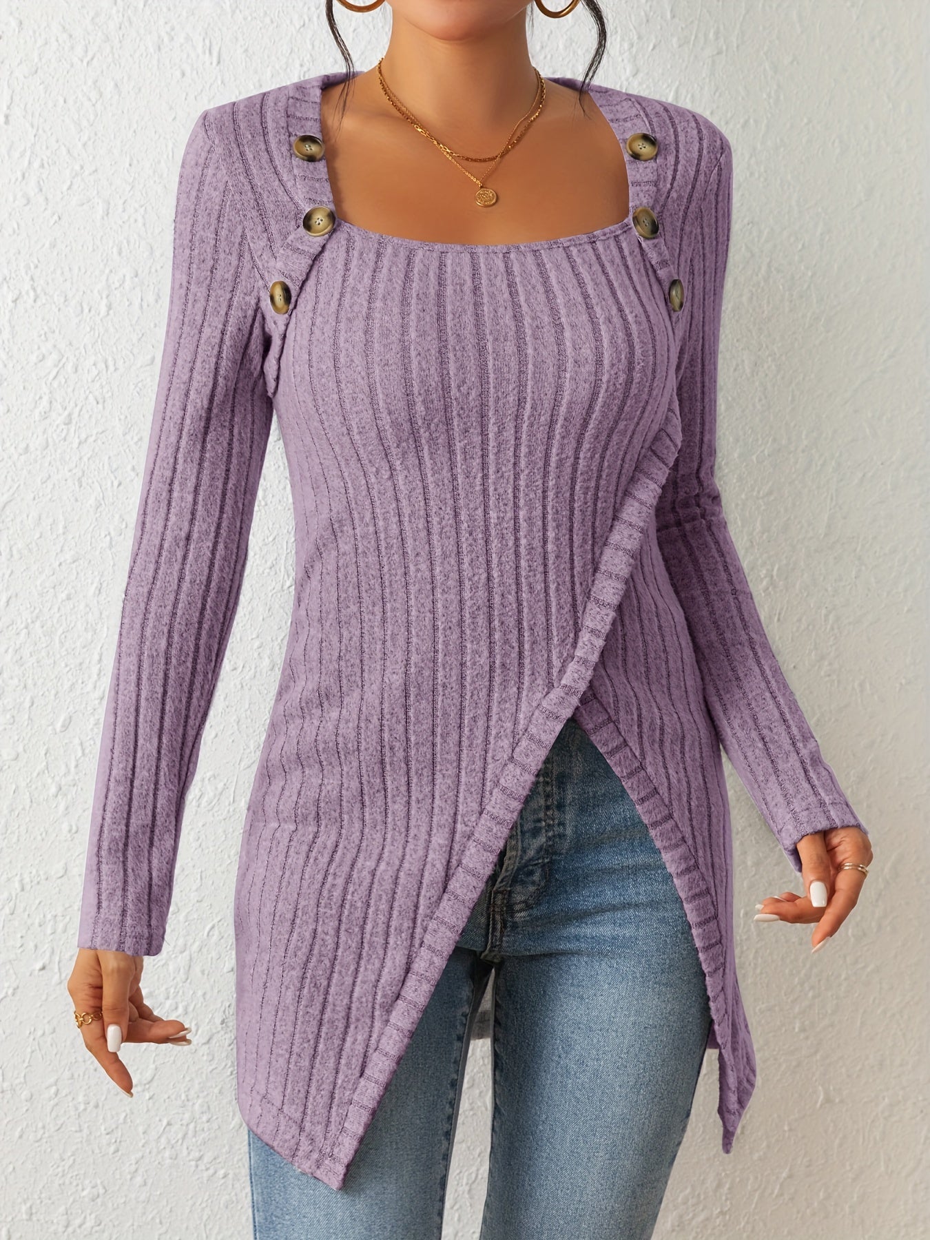 Ribbed Button Decor Asymmetrical Hem T-shirt Rd0210