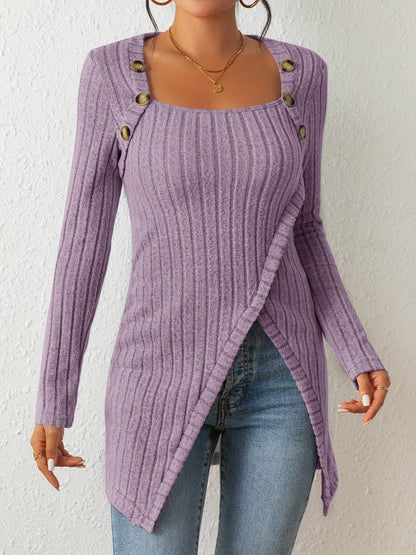 Ribbed Button Decor Asymmetrical Hem T-shirt Rd0210