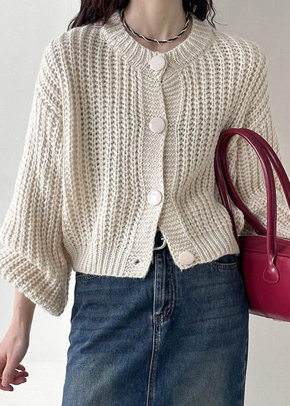 Beige Button Cotton Knit Cardigan O Neck Long Sleeve Af1035